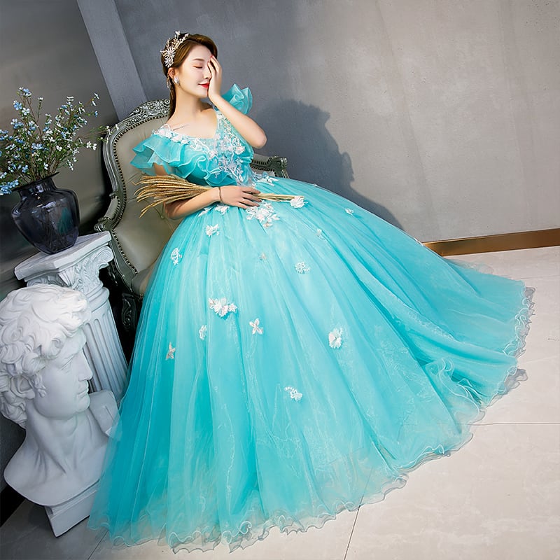 上品！カラードレス 青 Vネック ソフトチュール プリンセスライン  