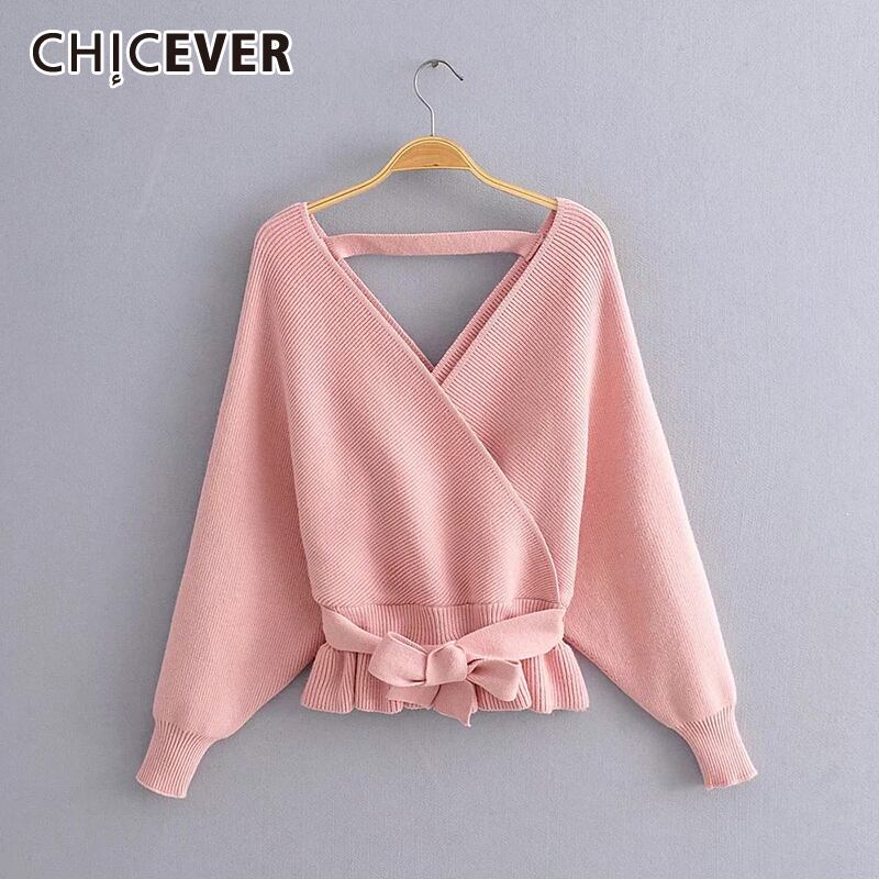 CHICEVERパッチワークセーター女性Vネックバットウィング長袖レースアップフリルニットプルオーバー秋 ロング ラッフル オータム 秋物 6base578690293700