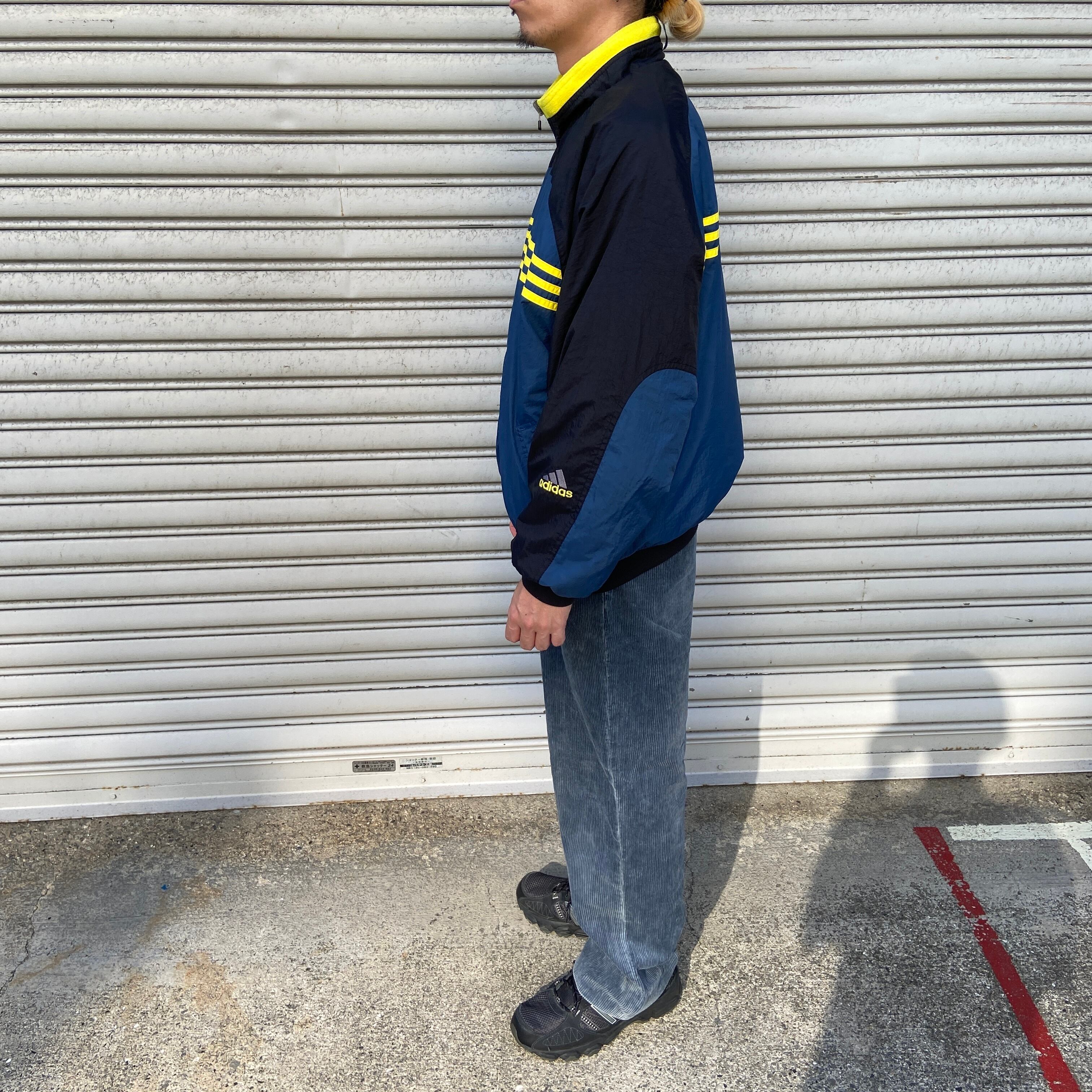 90s adidas リバーシブルナイロンジャケット 万国旗タグ 紺 黄 M 