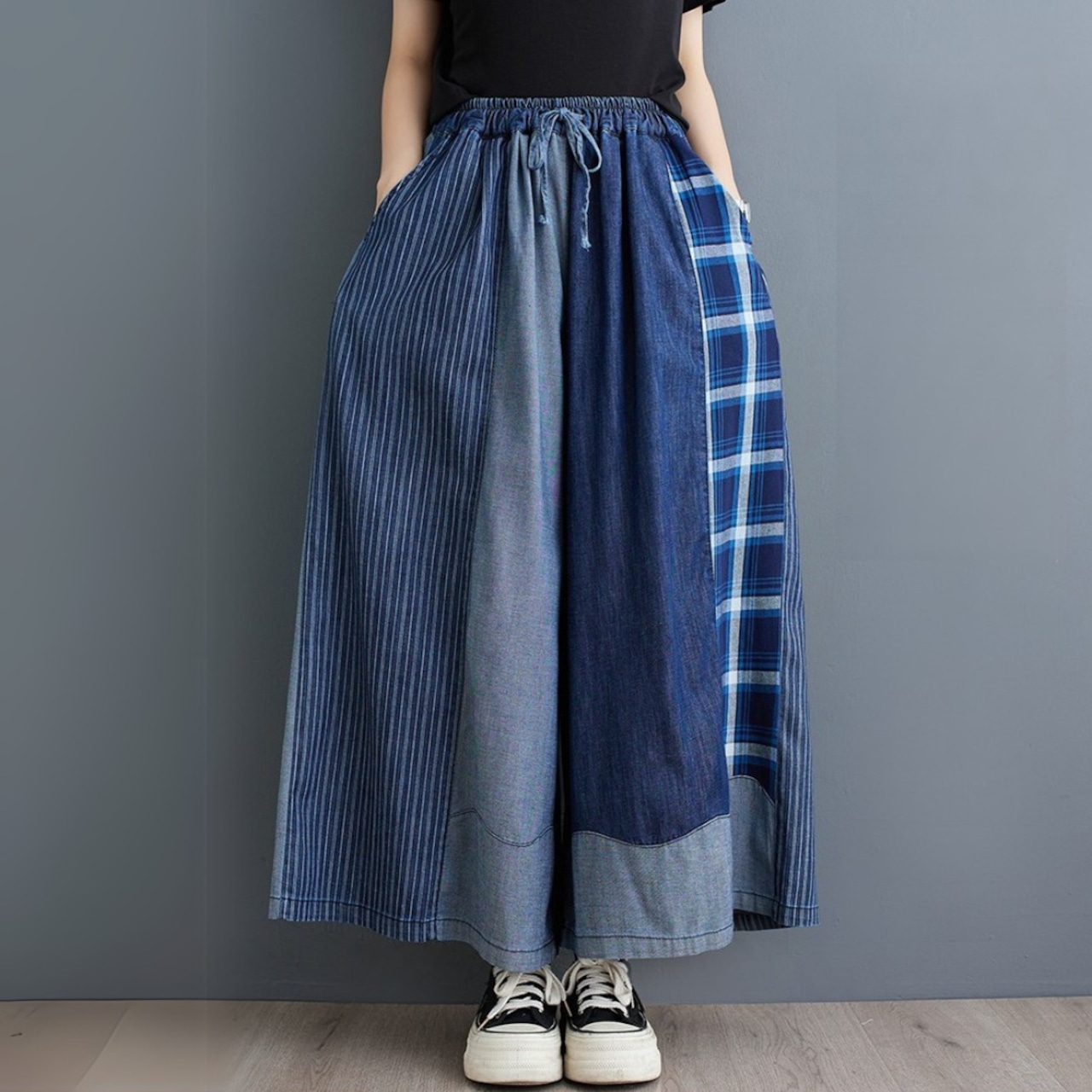 切替デザイン ワイド デニムパンツ 00008