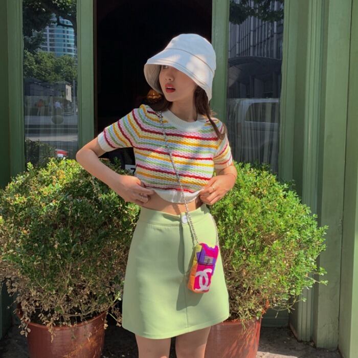 ストライプニットTシャツ スタイルショートサマーハイウェストクロップドトップス 夏物 モンロー44006596333