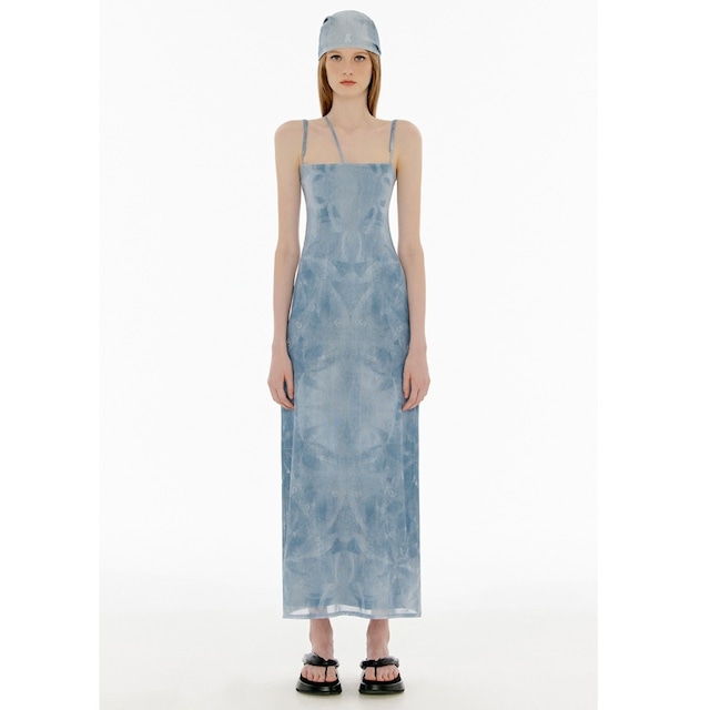 [YUSE] DENIM PRINTED MESH LAYERED SLIP LONG DRESS - LIGHT BLUE 正規品 韓国ブランド 韓国通販 韓国代行 韓国ファッション ワンピース