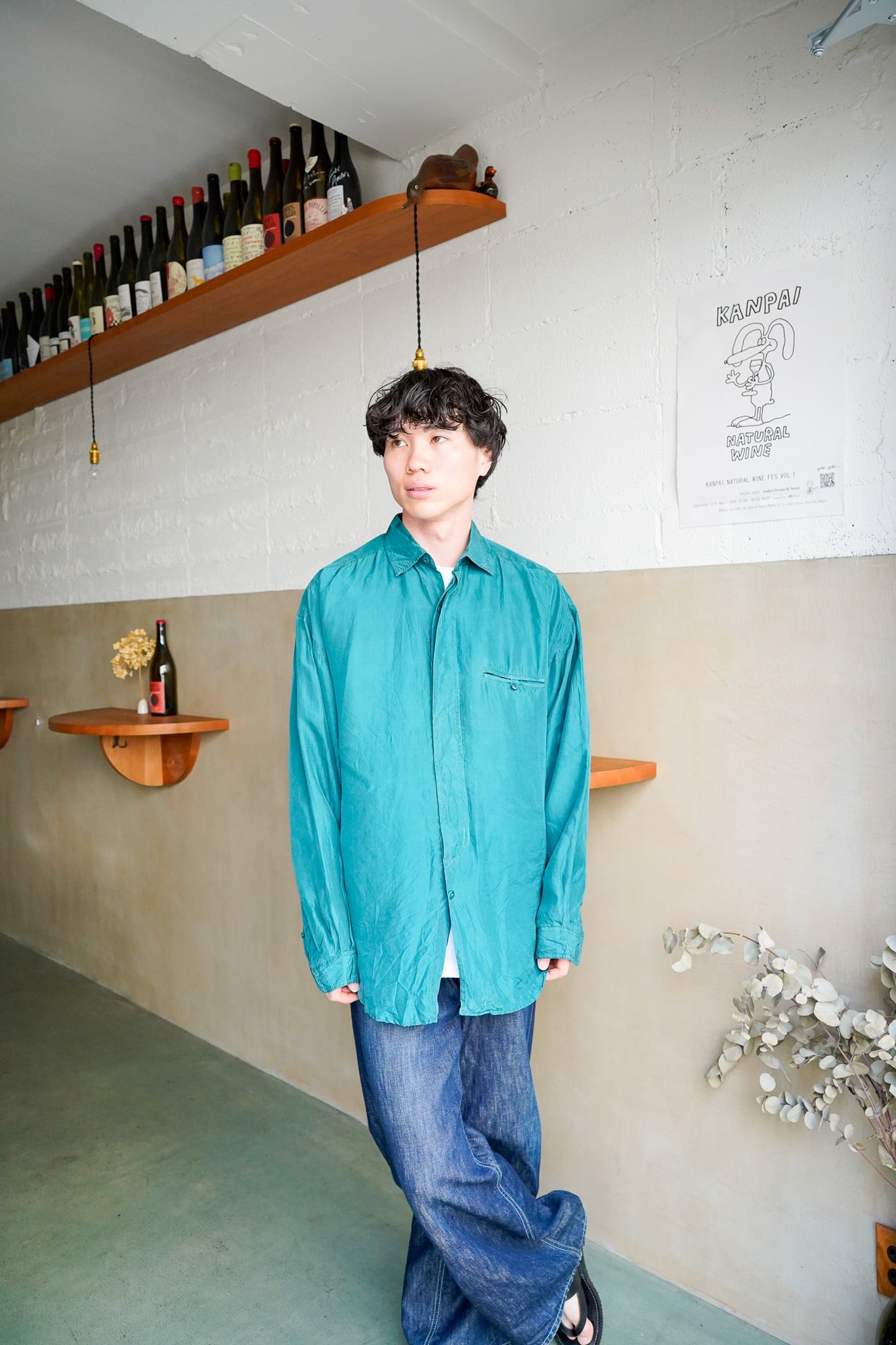 【1990s】"Structure, 100% Silk" Green Color Long Sleeve Shirts / 6−162