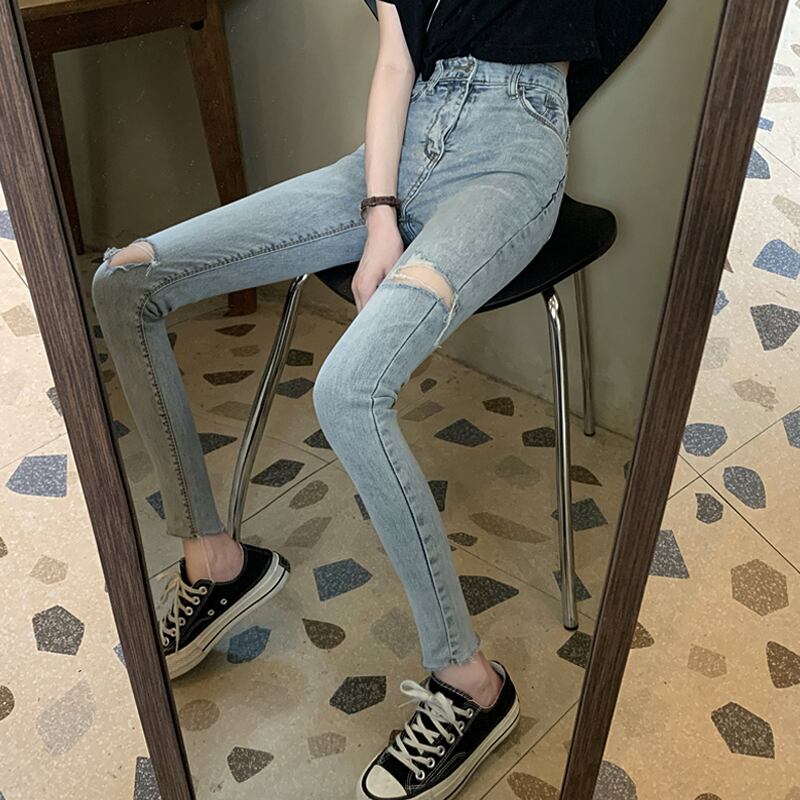 ジーンズ サマー薄手ハイウェストストレッチパンツ エラスティック 伸縮 夏物 試着室5139035535