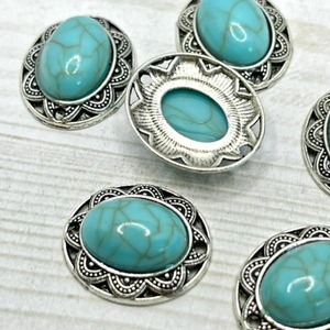 オーバルフラワー彫りデザインターコイズ両カンチャーム/Wカン/アンティーク