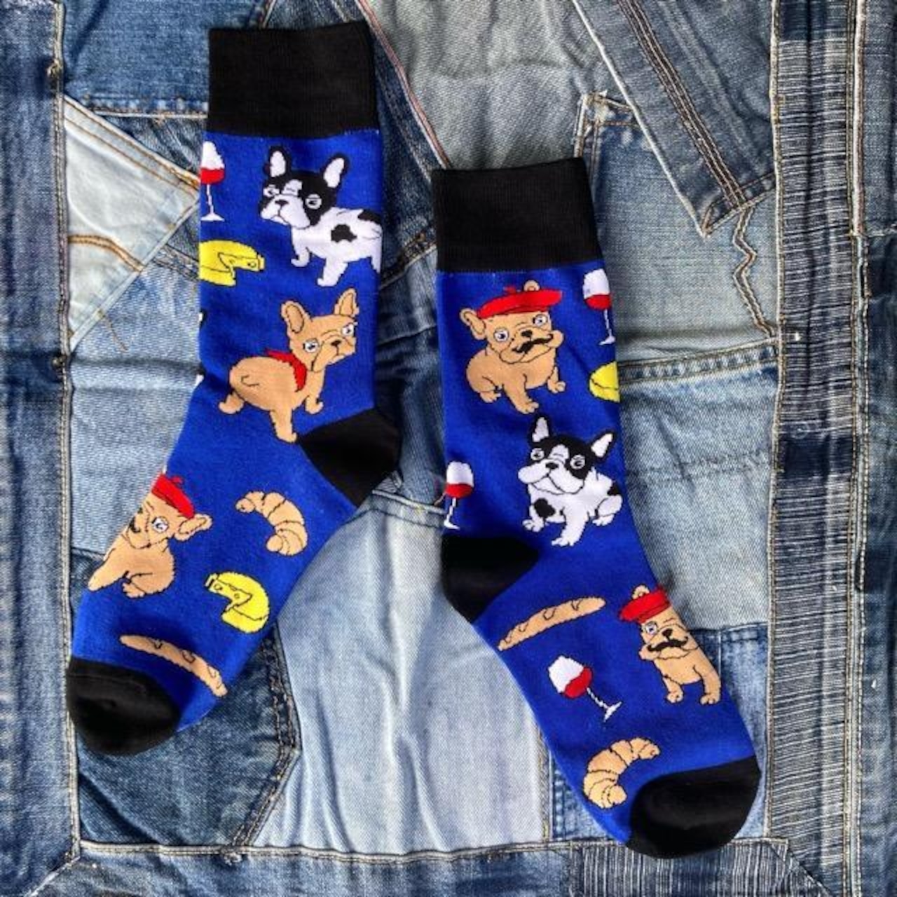 TOPANGA SOCKS Men's　パリっ子フレブルソックス　ブルー　靴下　フレンチブル ドッグ　フランス　クルーソックス