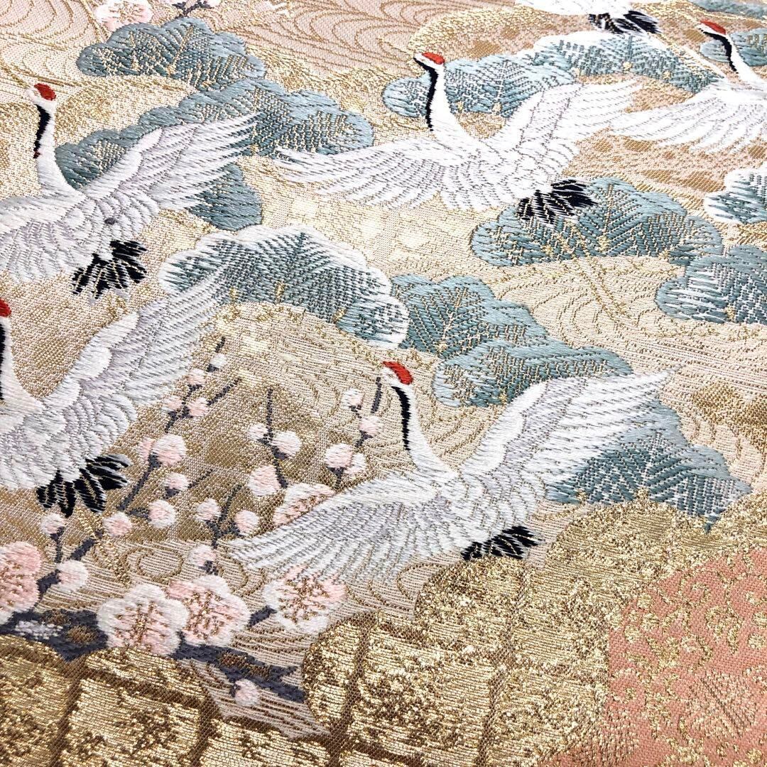 O-3033 袋帯 美しい飛翔鶴 菊の花 梅 松 金色