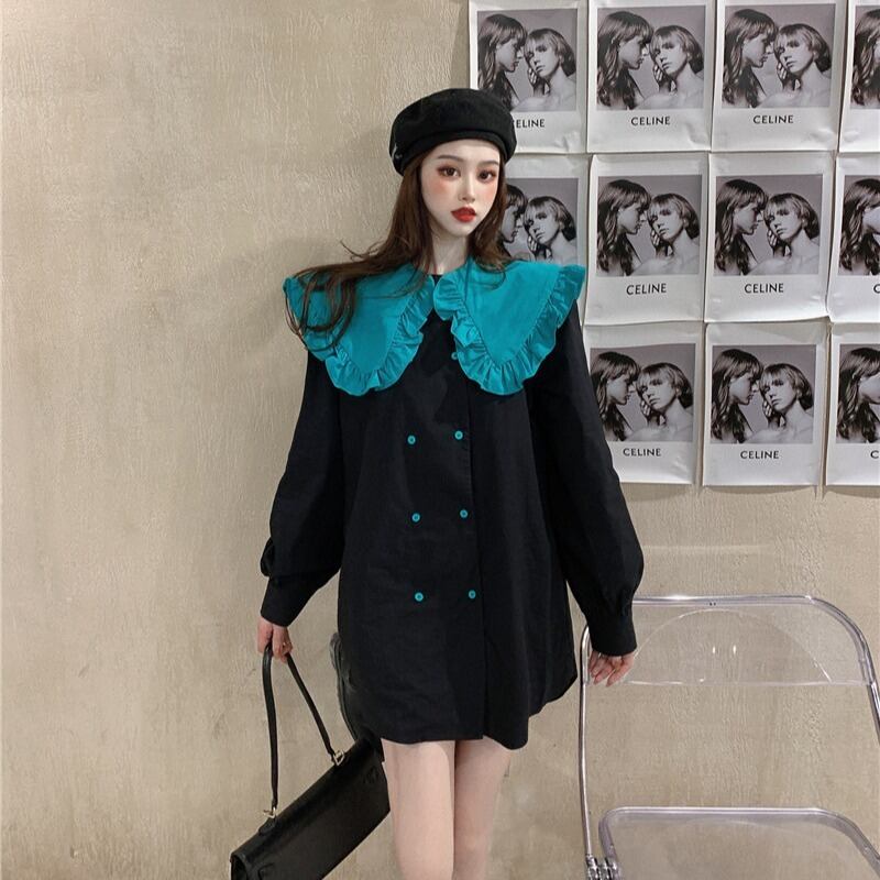 2020年の新しい秋と冬のファッションオールマッチ年齢削減カラーウッドイヤードールカラーダブルブレストシャツドレス女性 ドラファッションホール97672264341