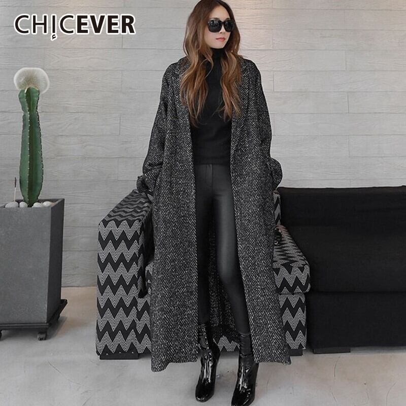 CHICEVER秋冬レディースコートジャケットラペル長袖ルーズオーバーサイズブラックレースアップコート服 ロング オータム 秋物 ウィンター 冬物 6base591489939223