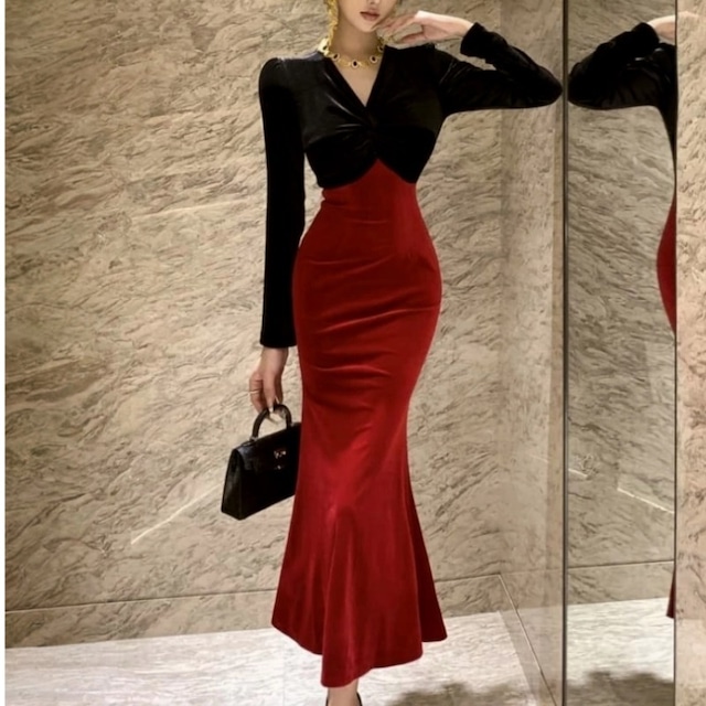 ワンピース Vネック ベルベット フィッシュテール ブラック+レッド S M L