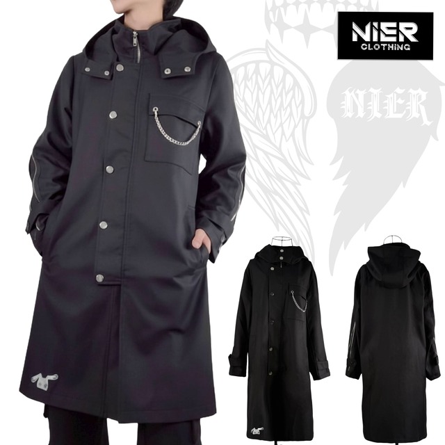 フード付きBLACK HIGHNECK SPRING LONG COAT【ひょっこり刺繍入り】