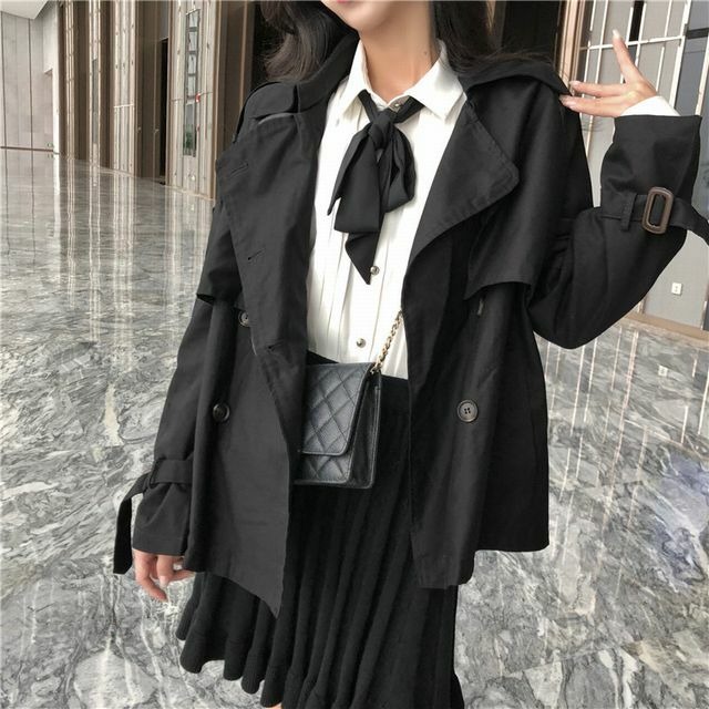 レディース ショート丈 スプリングコート/トレンチコート/ジャケット BLACK(ブラック) 春コーデ / Double breasted windbreaker solid color lapel short coat jacket (DCT-580519448514_B)