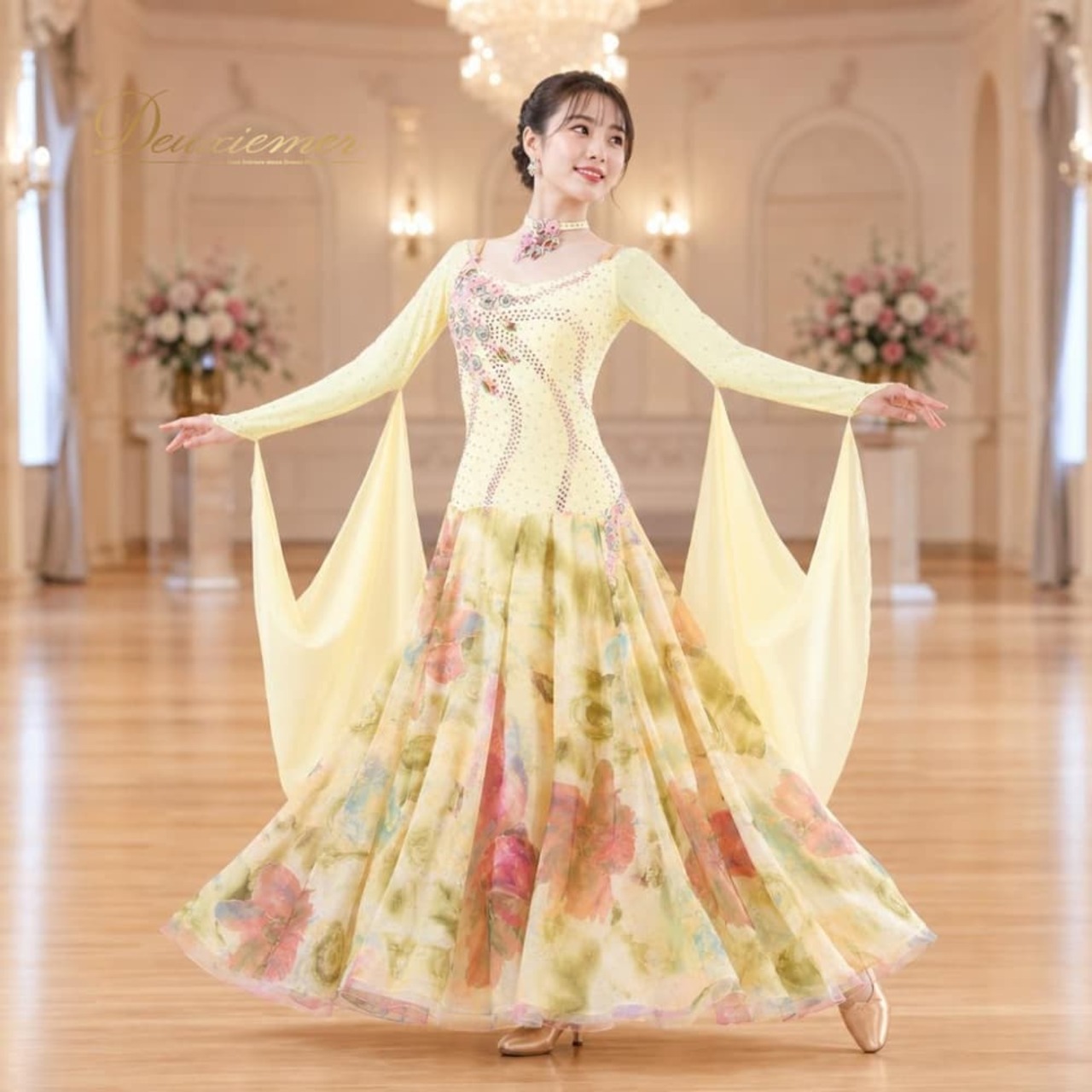 社交ダンス 衣装 ドレス ワンピース スタンダード イエロー系 ピンク系 黄色 ピンク 花柄 フロート レース デモ 競技 ダンス パーティ 華やか 豪華 明るい かわいい フォーマル 上品 発表会