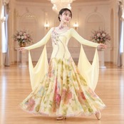 社交ダンス 衣装 ドレス ワンピース スタンダード イエロー系 ピンク系 黄色 ピンク 花柄 フロート レース デモ 競技 ダンス パーティ 華やか 豪華 明るい かわいい フォーマル 上品 発表会