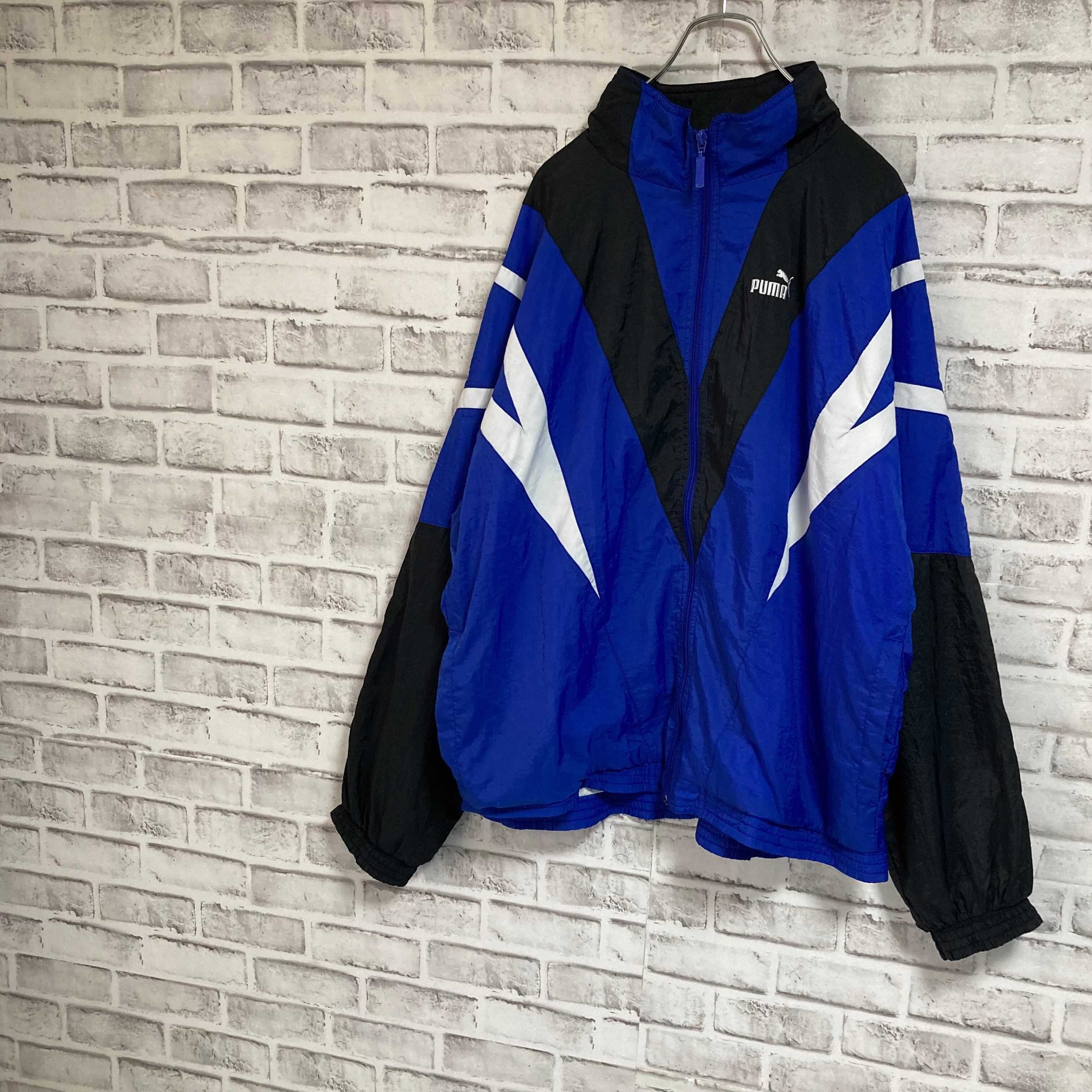 【PUMA】Nylon Jacket L 90s プーマ ナイロンジャケット 切替 刺繍ロゴ 胸ロゴ ブルー アウター アメリカ USA 古着