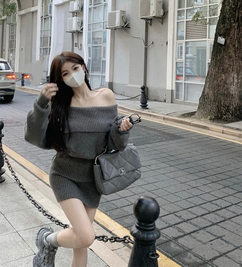 新品 2色選べられます オフショルダー ニットミニワンピース グレー