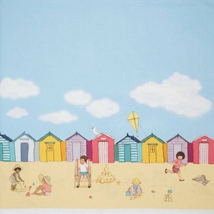 USAコットン パネル Belle & Boo Sunshine & Sandcastles　海辺の砂遊び　布幅X50cm単位　両側ボーダー