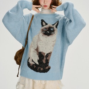 siamese cat embroidery knit top <t1505>