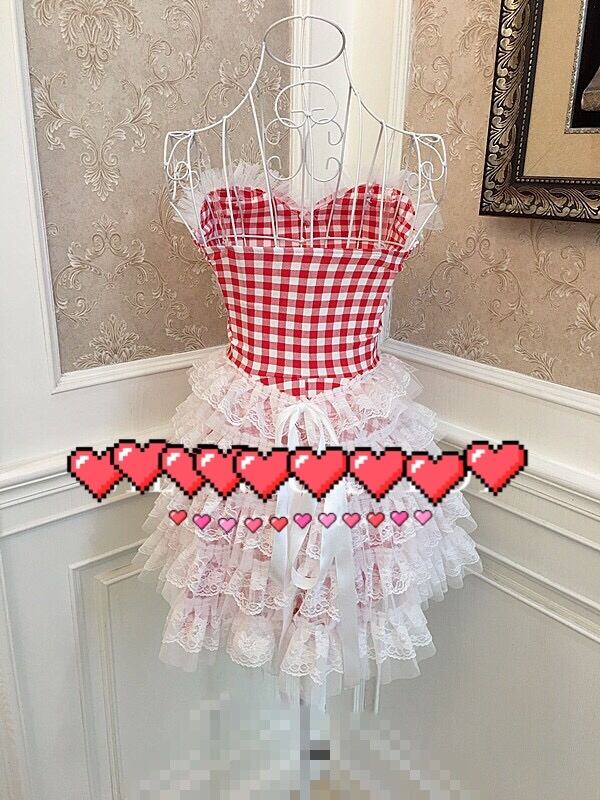 赤チェック ロリータドレス ワンピース ゴスロリ 姫袖 フリル 7日内