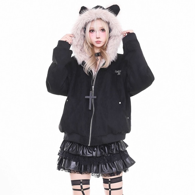 猫耳ファーフーディジップアップブラック中綿ジャケット（lli_6515）