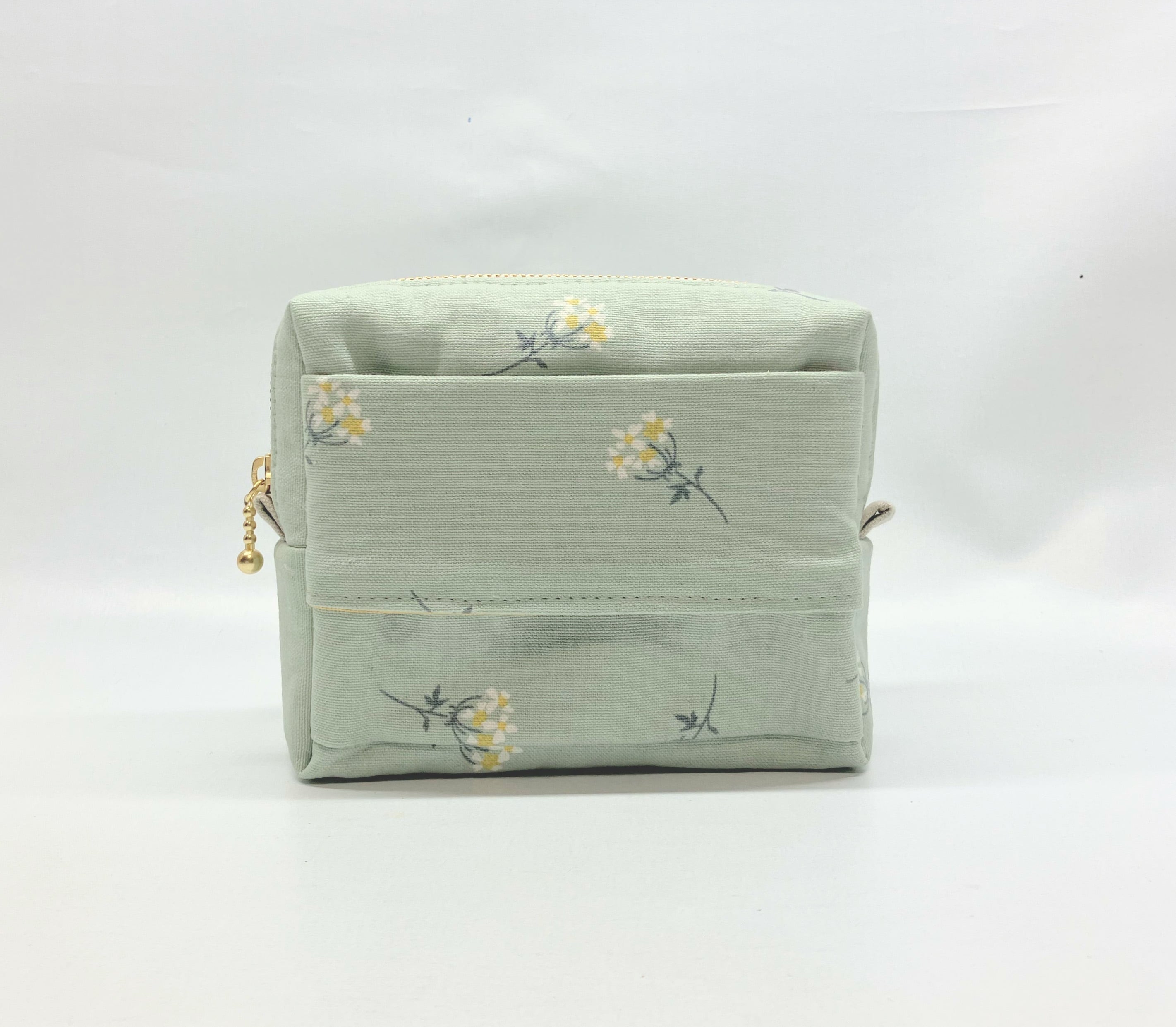 ハンドメイド ポーチ ポケットティッシュケース付き スクエアポーチ ミントフラワー