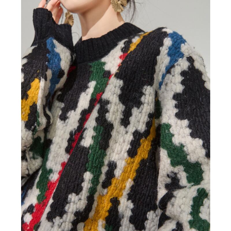 Multi-Color Tribal Jacquard Fringe Knit Sweater S0363