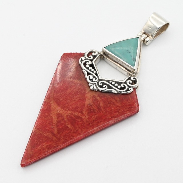 Coral / Turquoise Accent Sacred Design Pendant Top With Deer Leather Strap / Denmark