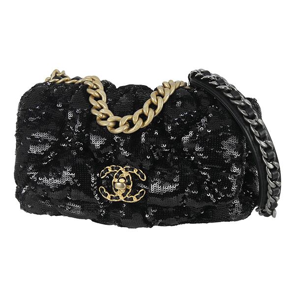 Unused CHANEL シャネル ショルダーバッグ シャネル19 フラップバッグ マトラッセ AS1160 スパンコール ブラック 未使用品