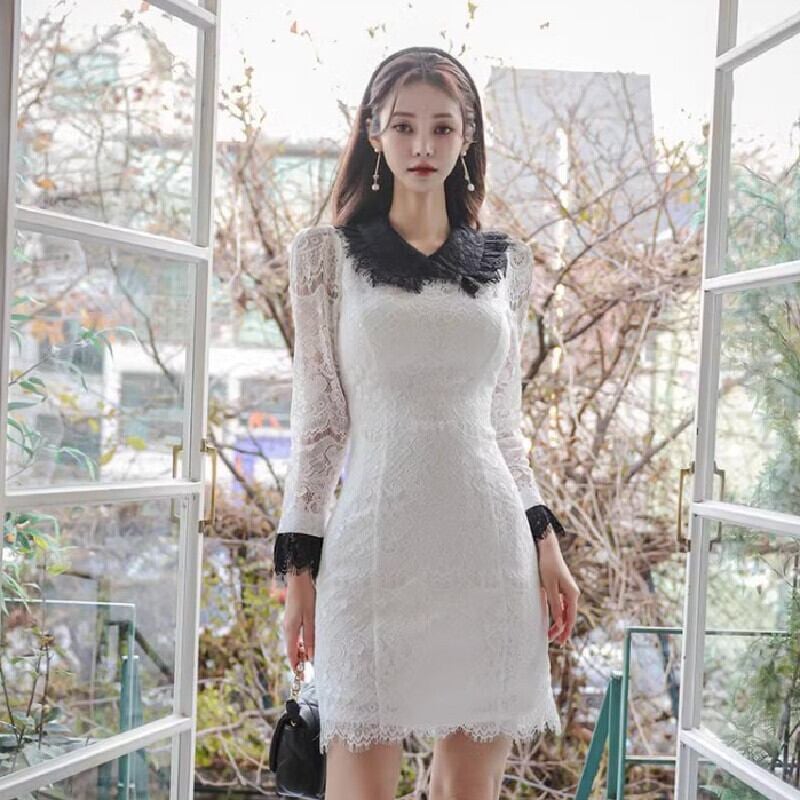 mini | ワンピース 総レース ミニ丈 スリムシルエット 襟付き 高級感
