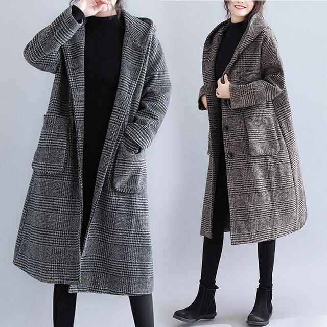 【予約販売】コート レディース フード付きコート グレンチェック ロング丈 カジュアル 秋冬アウター M/L/XL/2XL