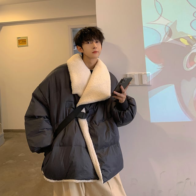 【予約販売】ダウンジャケット メンズ 襟ボア ショート丈 ビッグシルエット 無地 グレー ジャケット 防寒 お洒落 こなれ感 ベーシック 秋冬 大きいサイズ M/L/XL/2XL