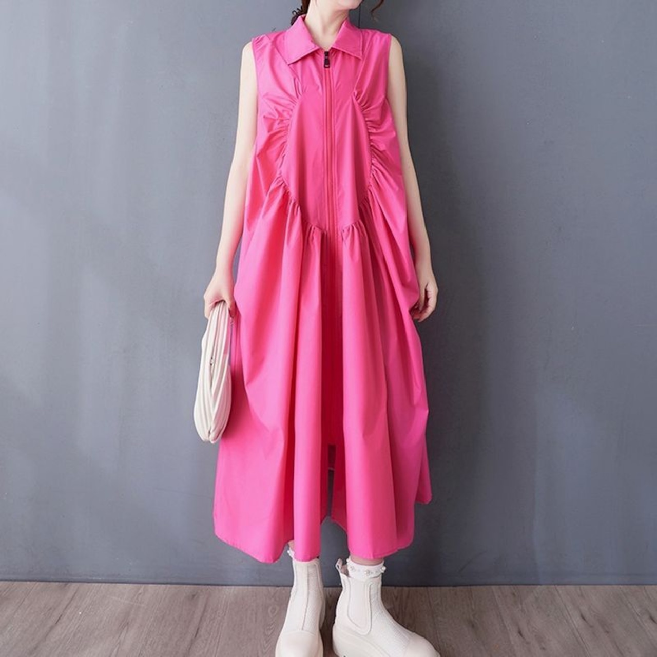 フロントジップ ギャザー ワンピース 30154