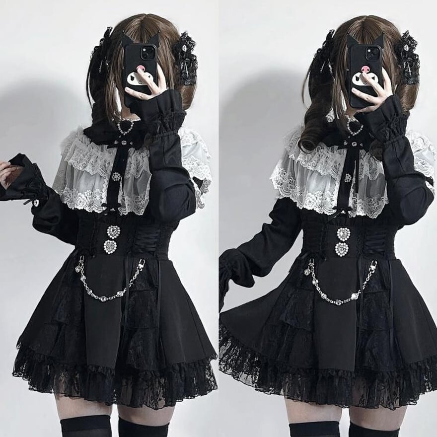 サブカル 服 地雷系 通販 地雷系 甘辛MIX ブラウス レース 継袖付き ゴシック 白 黒 推し活