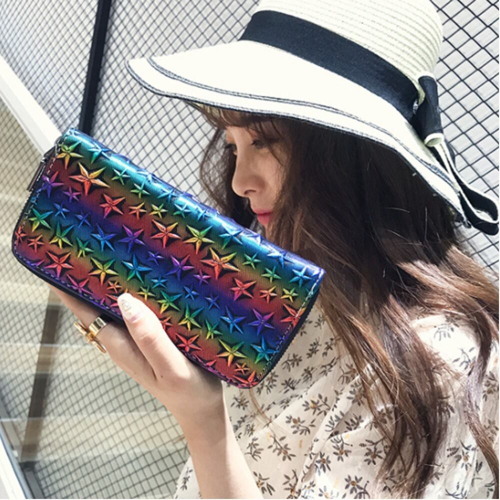 キラキラスター柄 ラウンドジップ長財布★レインボー