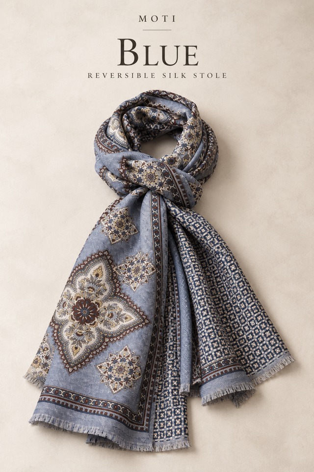 MOTI｜ブルー リバーシブル シルクストール 32×185cm｜Made in Italy