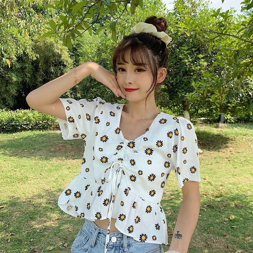 ✞ サマープリント柄ギャザーレースショートシフォンシャツブラウストップス 大人女子☆ 大人ガーリー スウィート キュート カジュアル 夏物 ✞ゴスロリ SM ミリ 甘ロリ クラロリ 和ロリ エレガント 黒ロリ 姫ロリ 華ロリ BB-BB6454243