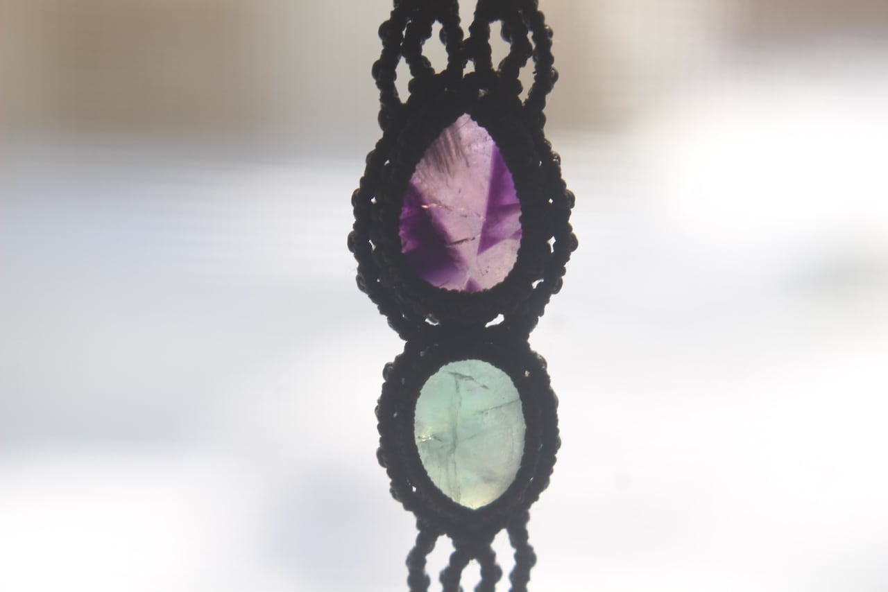 Trapiche amethyst & Green Fluorite micro macrame bracelet
