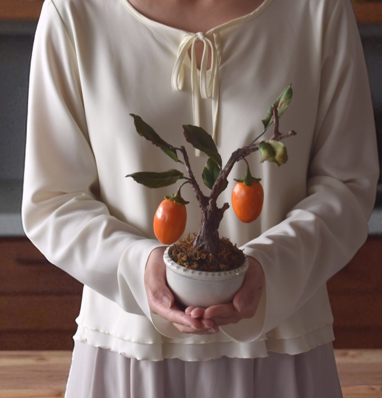 ◇粘土のお花◇ 柿【ロウヤガキ（老爺柿）】盆栽 S1290 | oldfantasy