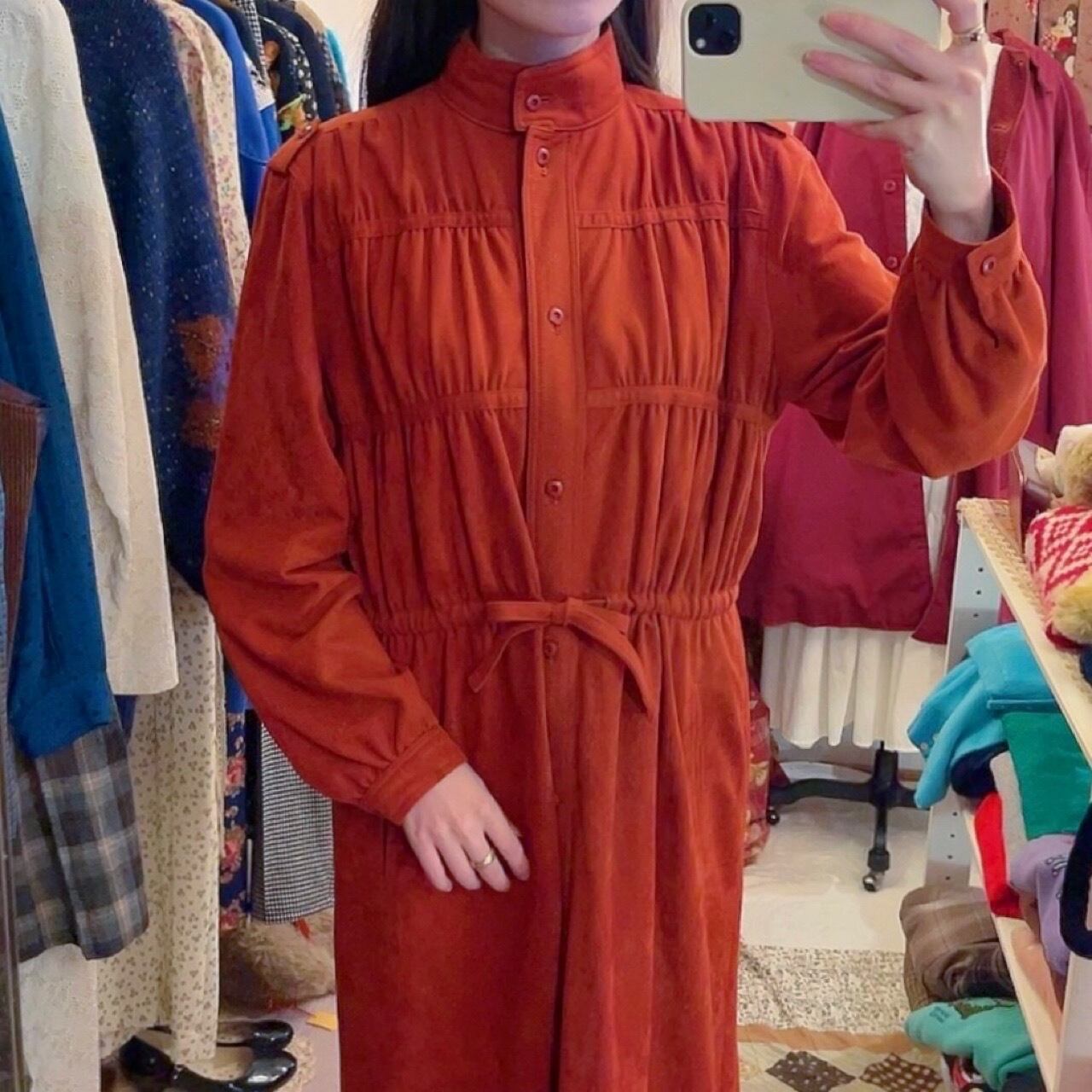 dark orange gather ribbon one-piece