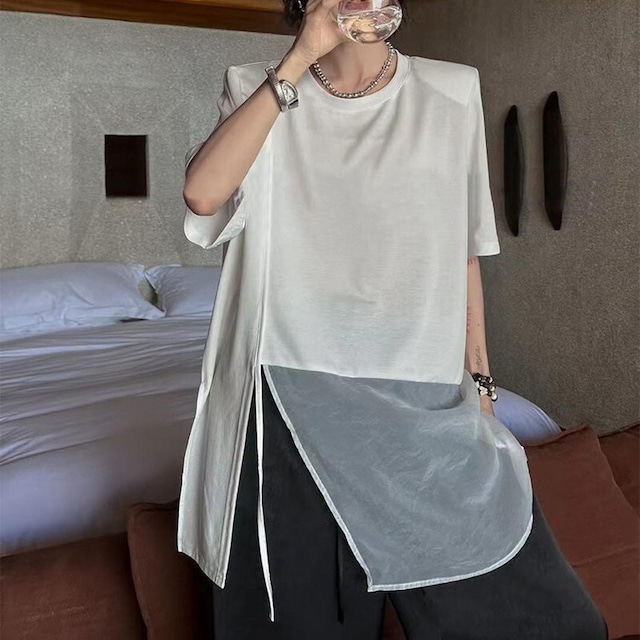 shoulder padded slit t-shirt 10948