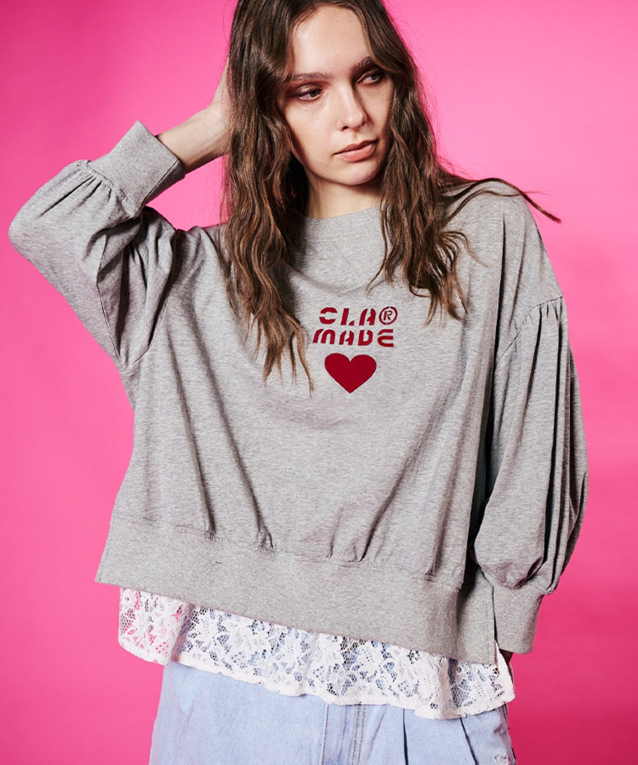 ハートロゴパッチプリントパフTシャツ (GRAY)　CQ-48121