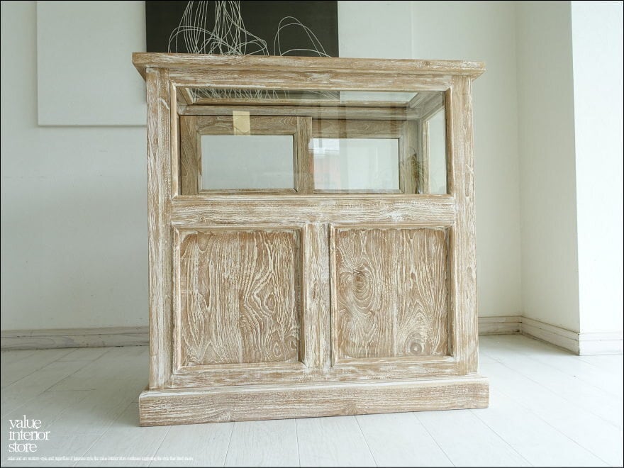 チーク無垢材 ショーケースカウンターQuese/90 ガラスケース 飾り棚 店舗什器 レジ台 シャビーシック 世界三大銘木