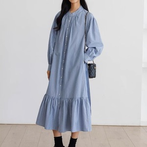 striped gathered ruffle long shirt one-piece m0118