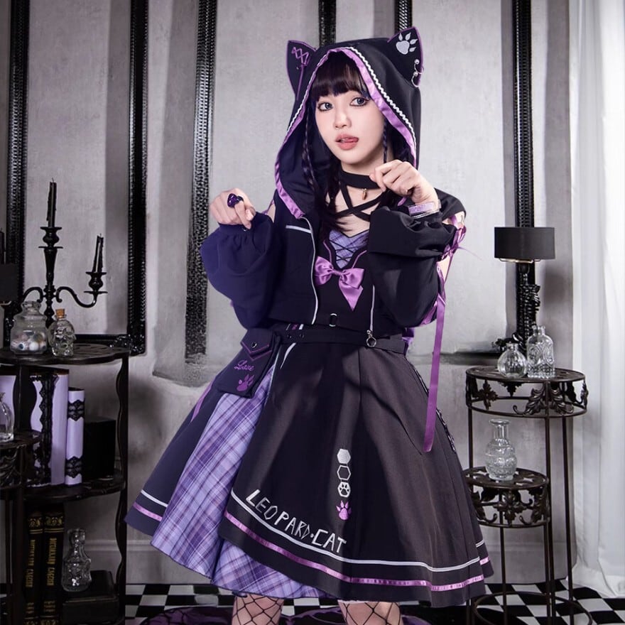 ニャンコロリータ　立ちぬい服13cm黒xシルバー　黒xチョコ2点お急ぎ ロリータファッション 黒猫パープルチェック地雷系JSKセット