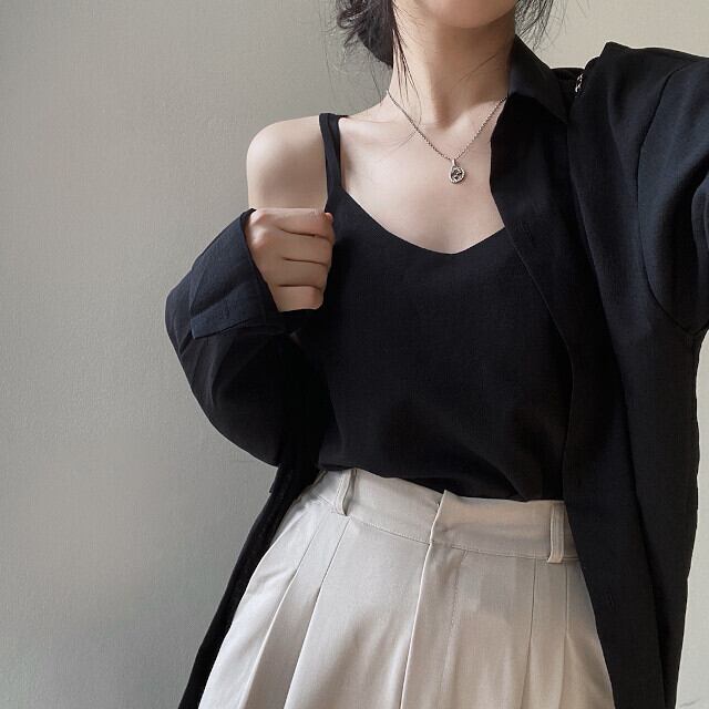 2点セット レディース ツーピース シャツ キャミソール オーバーシルエット 透け感 シースルー おしゃれ こなれ感 ブラック/ホワイト