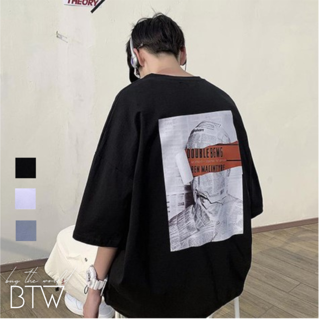 【韓国メンズファッション】 BW799 ユニセックス ロゴプリント 半袖 Tシャツ バックプリント ルーズ シンプル カジュアル
