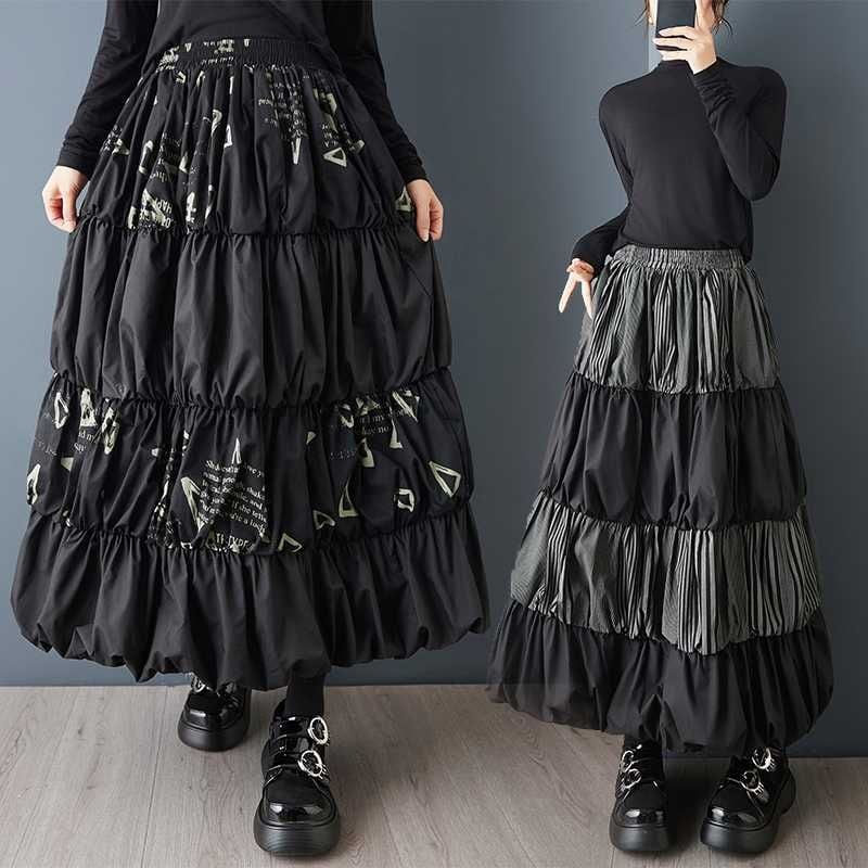 PATCHWORK ELASTIC WAIST A-LINE TIERED DESIGN LONG SKIRT 2colors M-15804