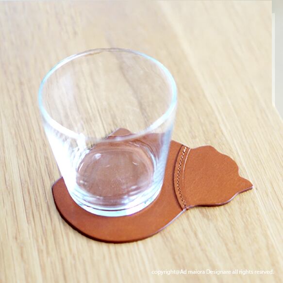 子猫のシルエットレザーコースター・キャメル