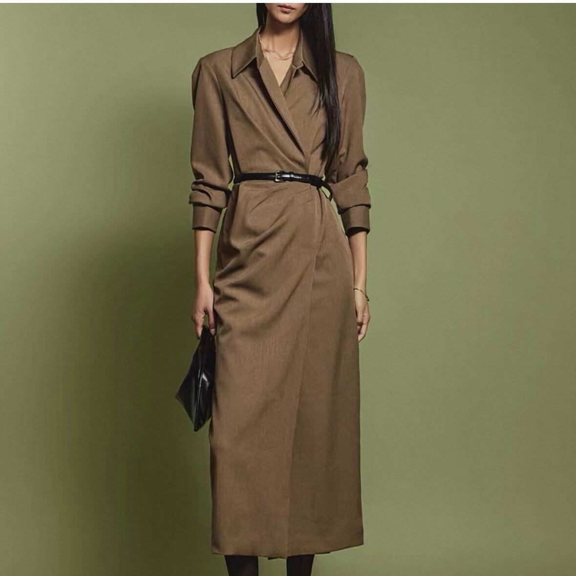 ウエストリボン付き長袖シャツワンピース YH9584