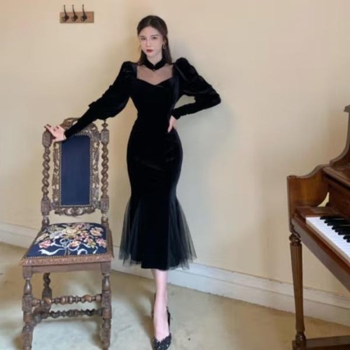 ドレス 結婚式  披露宴 二次会 フォーマル イブニングドレス ミディ丈 ハイウエスト マーメード 華やか エレガント パーティドレス Aライン 長袖